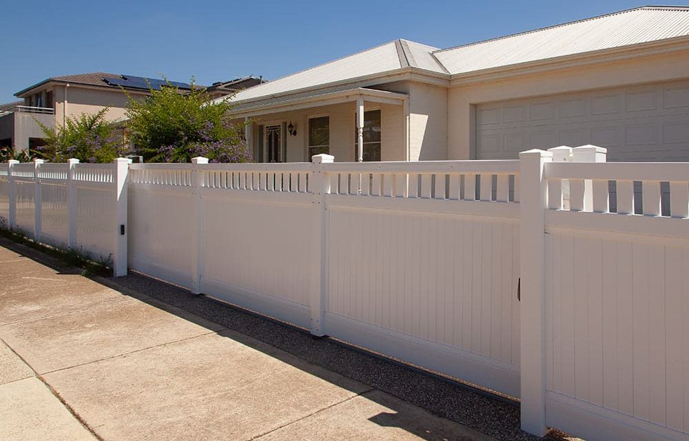 Think-Fencing-Mystique-Panel-Fence-with-Lattice-white-Sliding-Driveway-gate